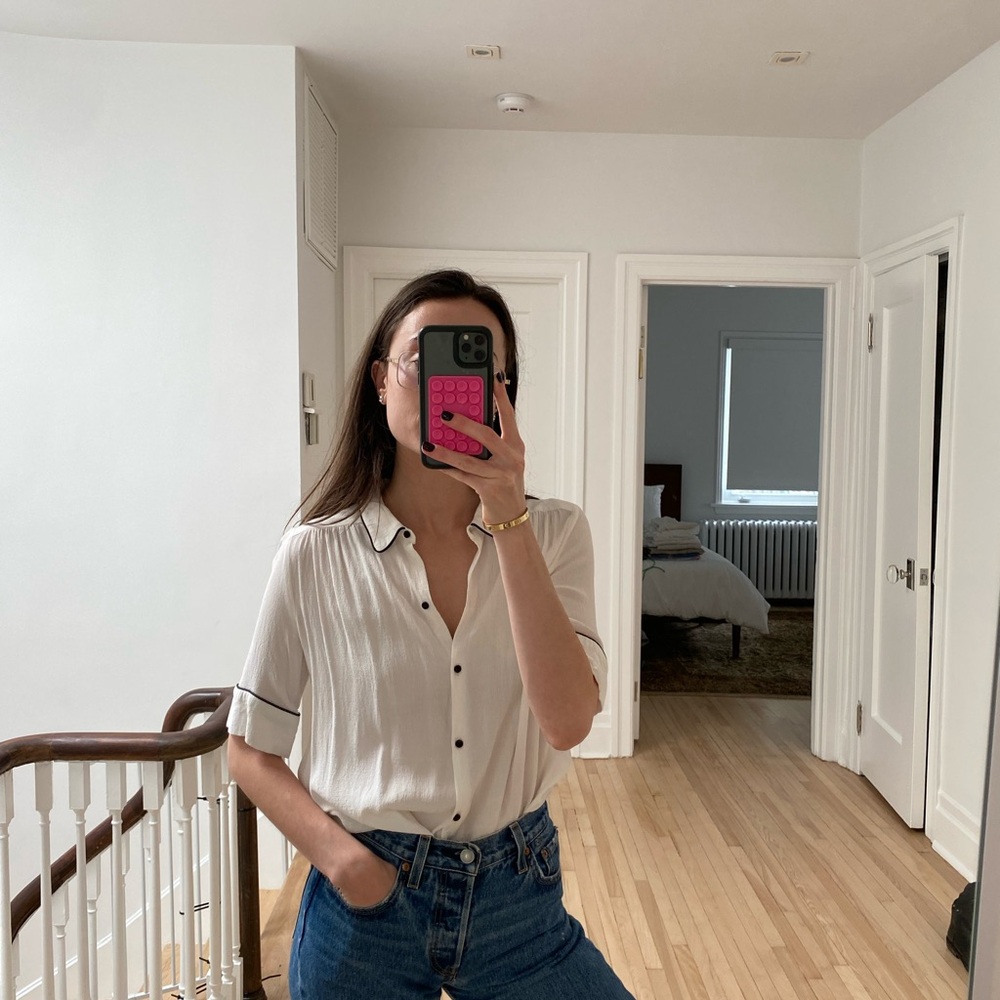 Zara Cream Short-Sleeve Button-Down Blouse with Contrast Trim